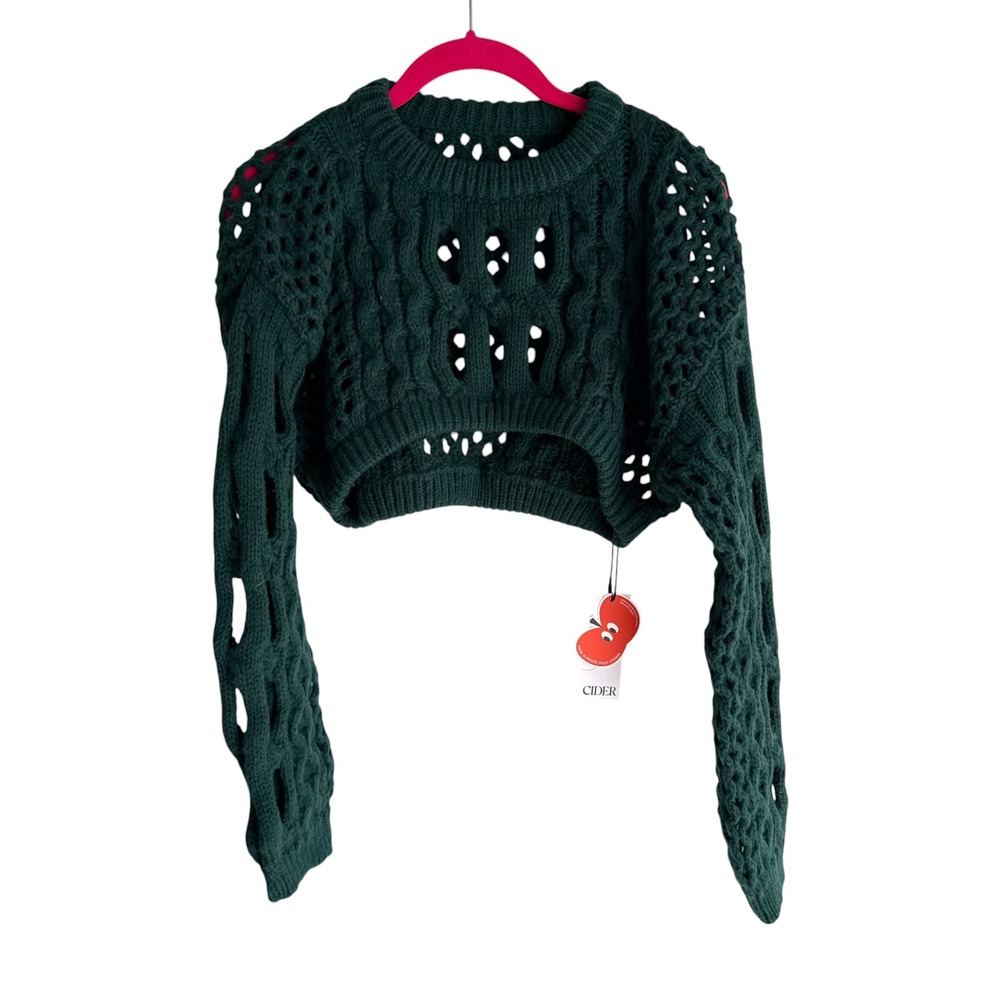 NWT CIDER Knit Round Neckline Hollow Out Long Sleeve Ladies Crop Sweater Top, S